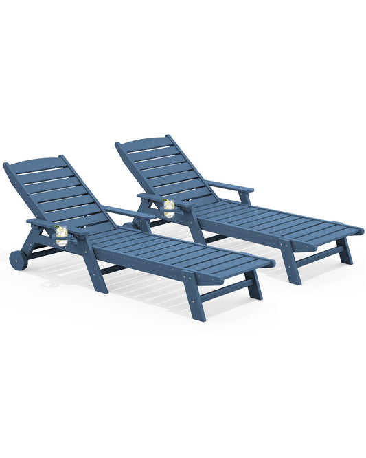 SERWALL Patio Chaise Lounge Chair Set of 2, 78'' Long 5-Positions Adjustable HDPE Outdoor Lounge Chair for Pool, Poly Lounge Chair with Rolling Wheels & Cup Holder for Poolside, Deck, Blue