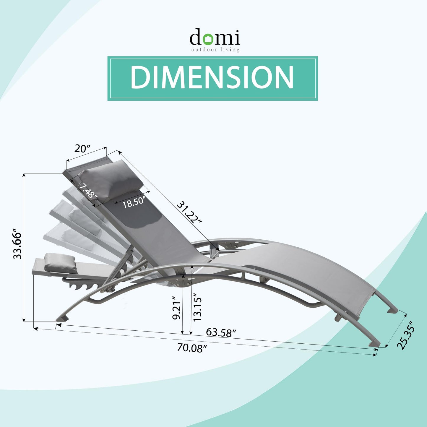 Domi Pool Lounge Chairs Set of 2, Adjustable Aluminum Outdoor Chaise Lounge Chairs, All Weather for Deck Lawn Poolside Backyard -Grey Textilene