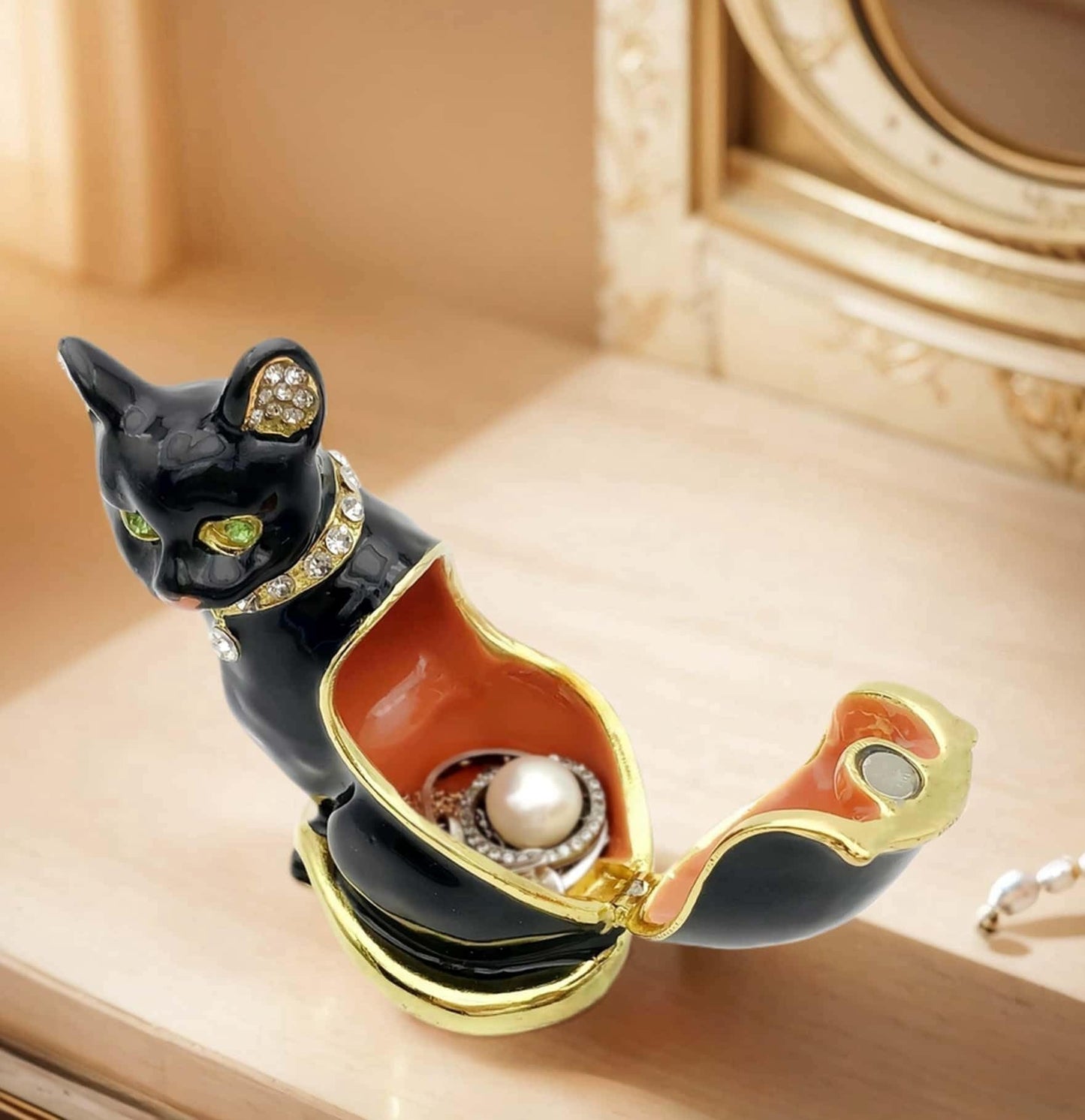 JWT Astyle Luxury Black Cat Hinged Jewelry Box with Crystals.Hand Painted Cat Figurine Trinket Box .Classic Animal Designs.Rings Earrings Necklace Storage Box, Cat Home Decor Gift