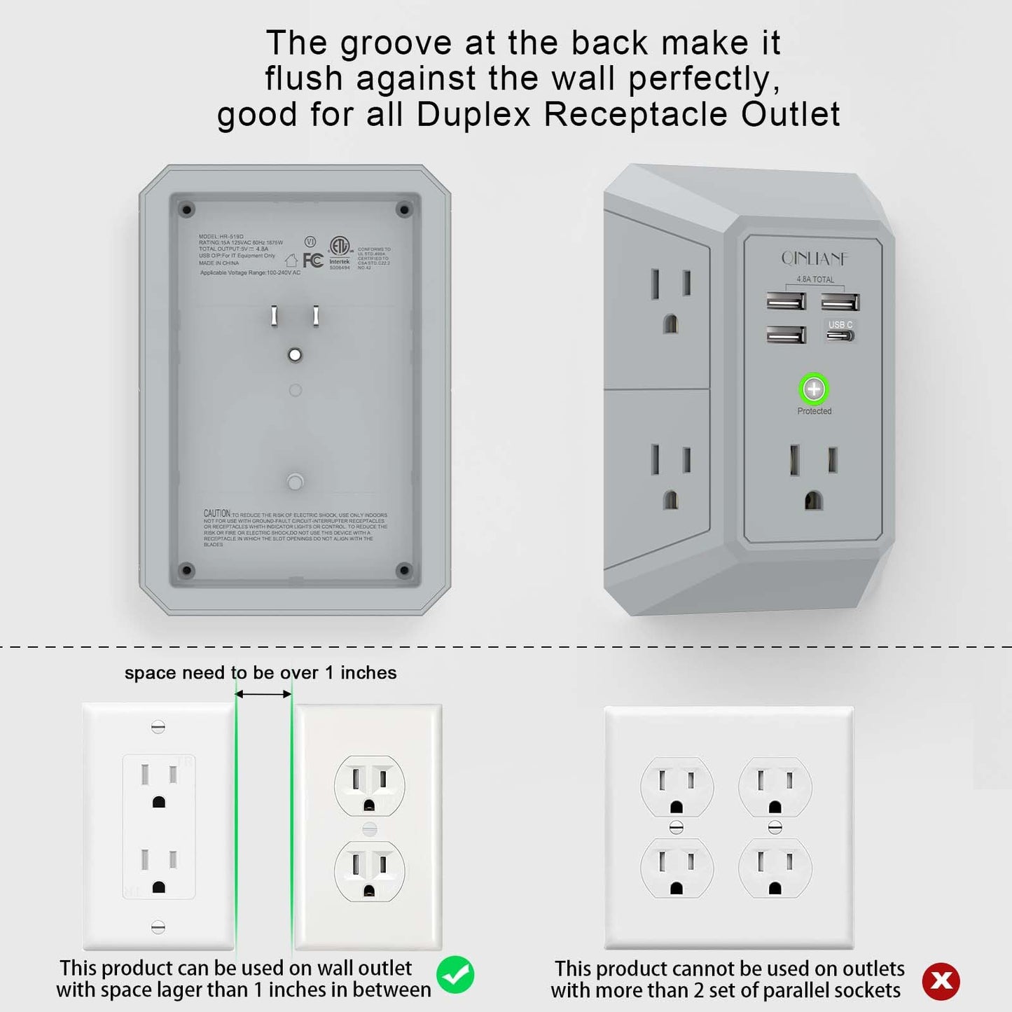 USB Wall Charger, Surge Protector, QINLIANF 5 Outlet Extender with 4 USB Charging Ports (4.8A Total) 3-Sided 1680J Power Strip Multi Plug Outlets Wall Adapter Spaced for Home Travel Office(3U1C),Grey