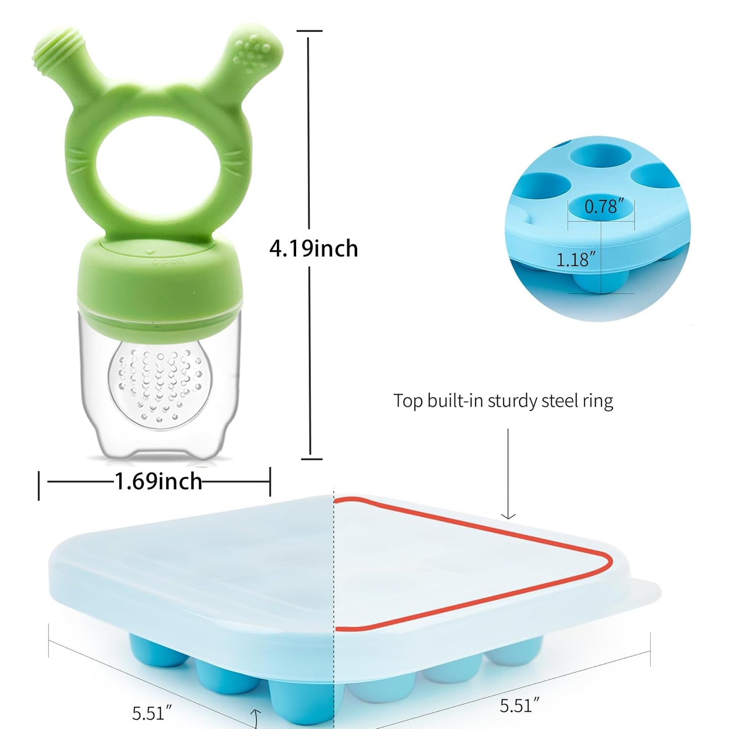 Anteecana Silicone Baby Food Teether Feeder, Breastmilk Popsicle Molds, 2 Pack Freezer Tray with Lid, 3 Sizes Food Pouches