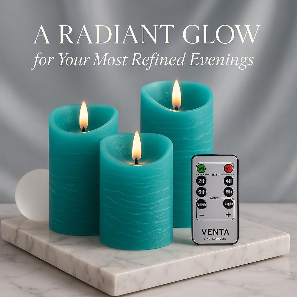 VENTA Flickering Flameless Candles with Remote Control - Led Candles Battery Operated - Battery Operated Candle for Decoration Table, Timer & Dimmer Features, Set - 3Pcs (4",5",6") (Turquoise)