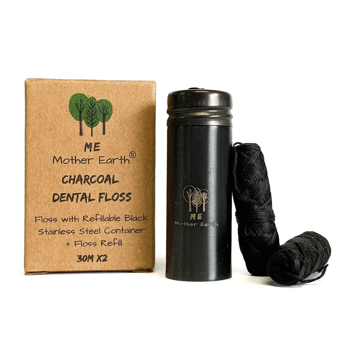 Vegan Biodegradable Bamboo Charcoal Dental Floss with Refillable Stainless Steel Container | 33yds x2 | Extra Floss Refill | Natural Candelilla Wax | Peppermint | Eco Zero Waste Oral Care