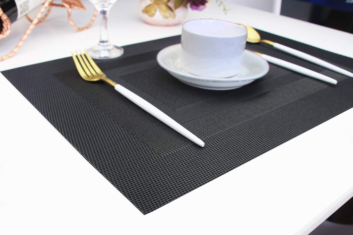 PIGCHCY Placemats Set of 8 Washable Durable Placemat Vinyl Heat Resistant Non-Slip Table Mats Indoor Outdoor (Pure Black)