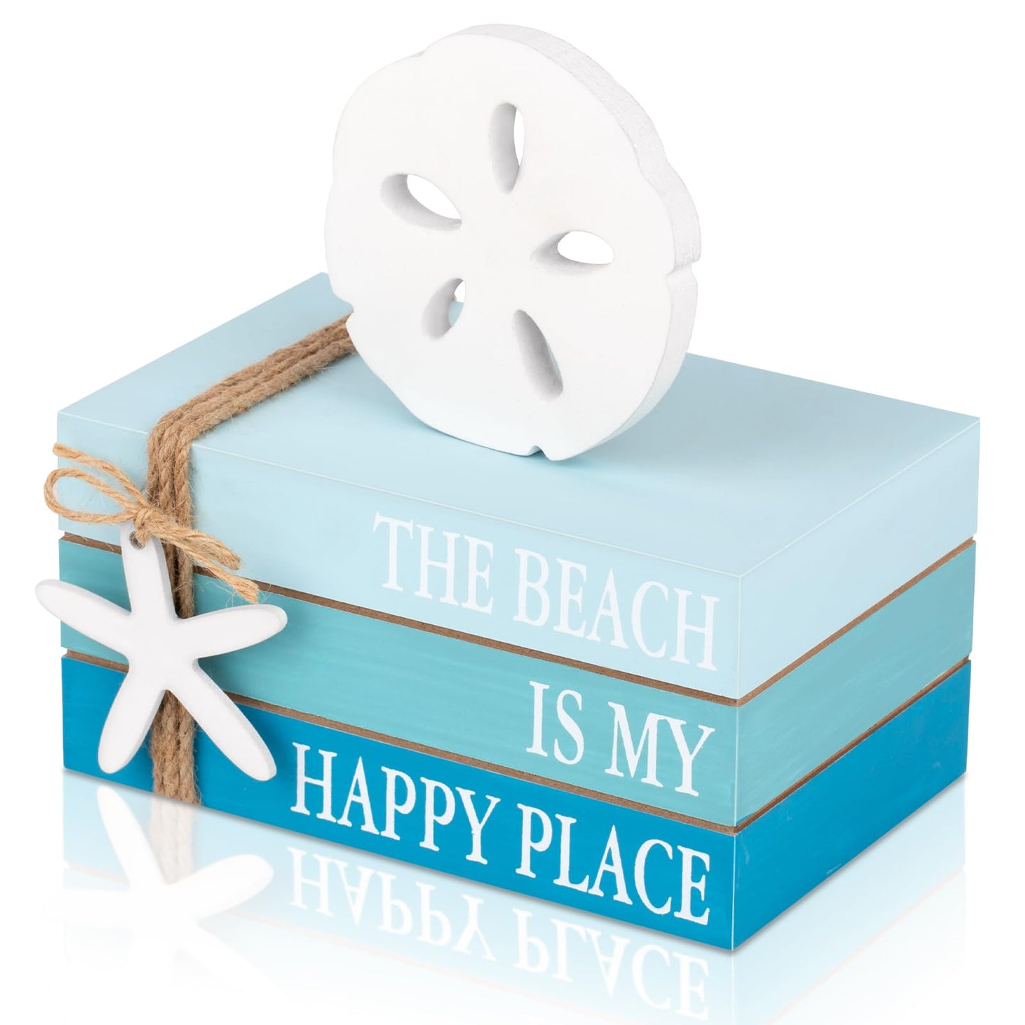 Beach Coastal Decor Stacked Books Set with Starfish & Sand Dollars Accents, Summer Tiered Tray & Blue Wooden Ocean Book Decor for Farmhouse, Beach House, Table Centerpiece