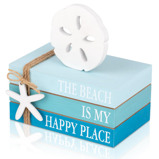 Beach Coastal Decor Stacked Books Set with Starfish & Sand Dollars Accents, Summer Tiered Tray & Blue Wooden Ocean Book Decor for Farmhouse, Beach House, Table Centerpiece