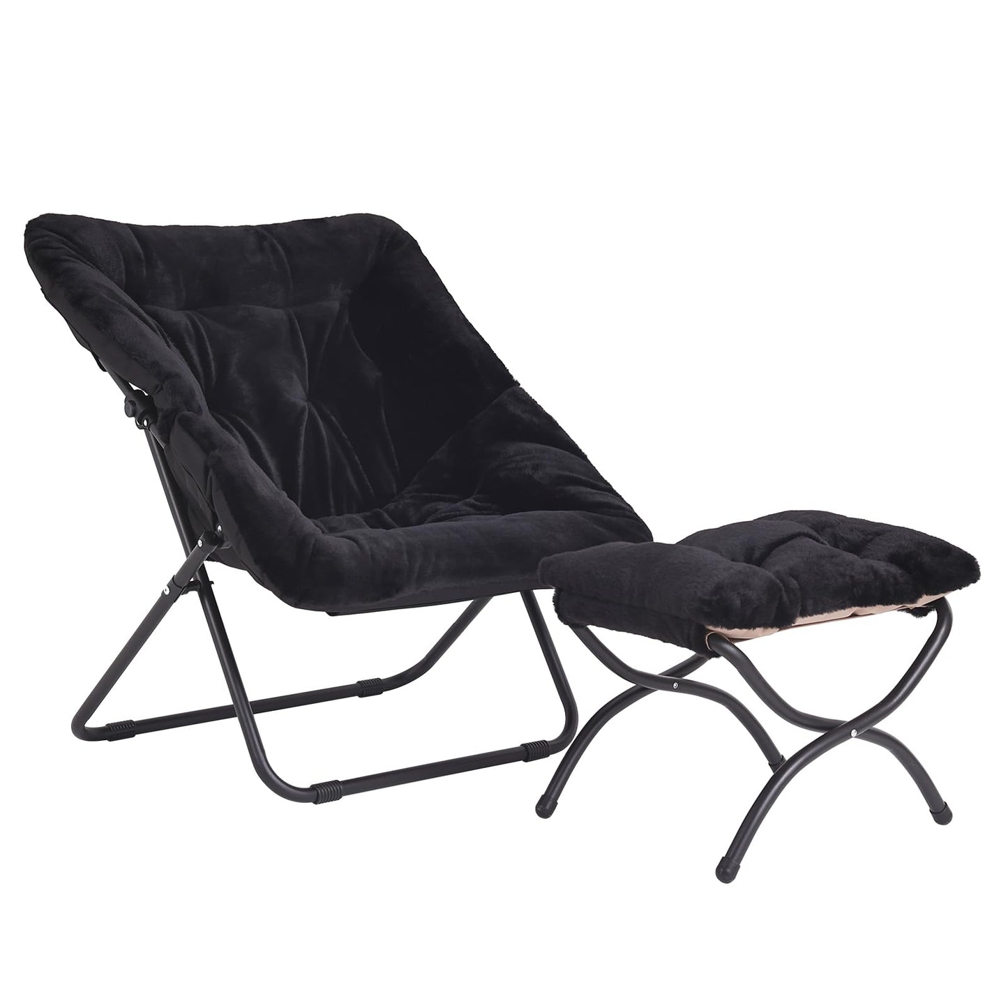 Furlide Oversized Folding Faux Fur Chair with Ottoman, X-Large Soft Saucer Chair, Foldable Metal Frame for Bedroom, Living Room, Balcony (Black)