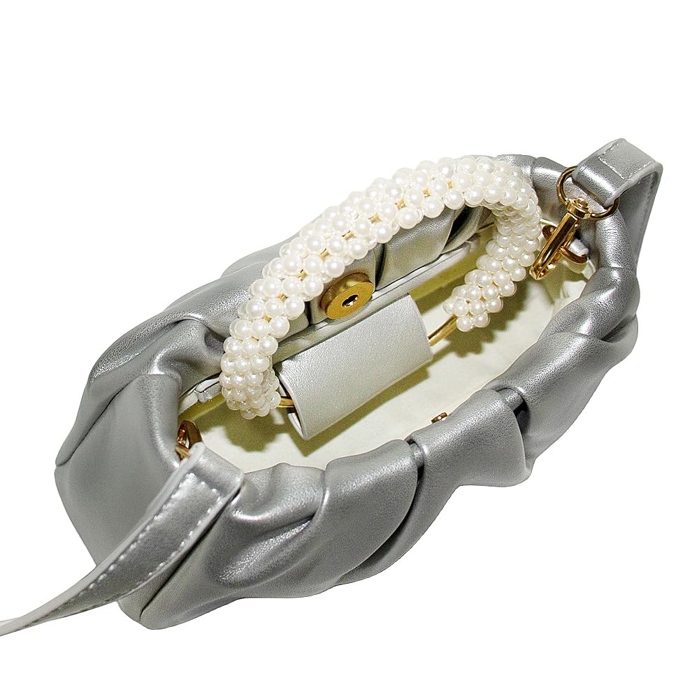 Beatfull Evening Purse Women Small Pearl Handbags Soft Leather Ruched Bag Wedding Bridal Clutch Party Prom Crossbody Purses Silver