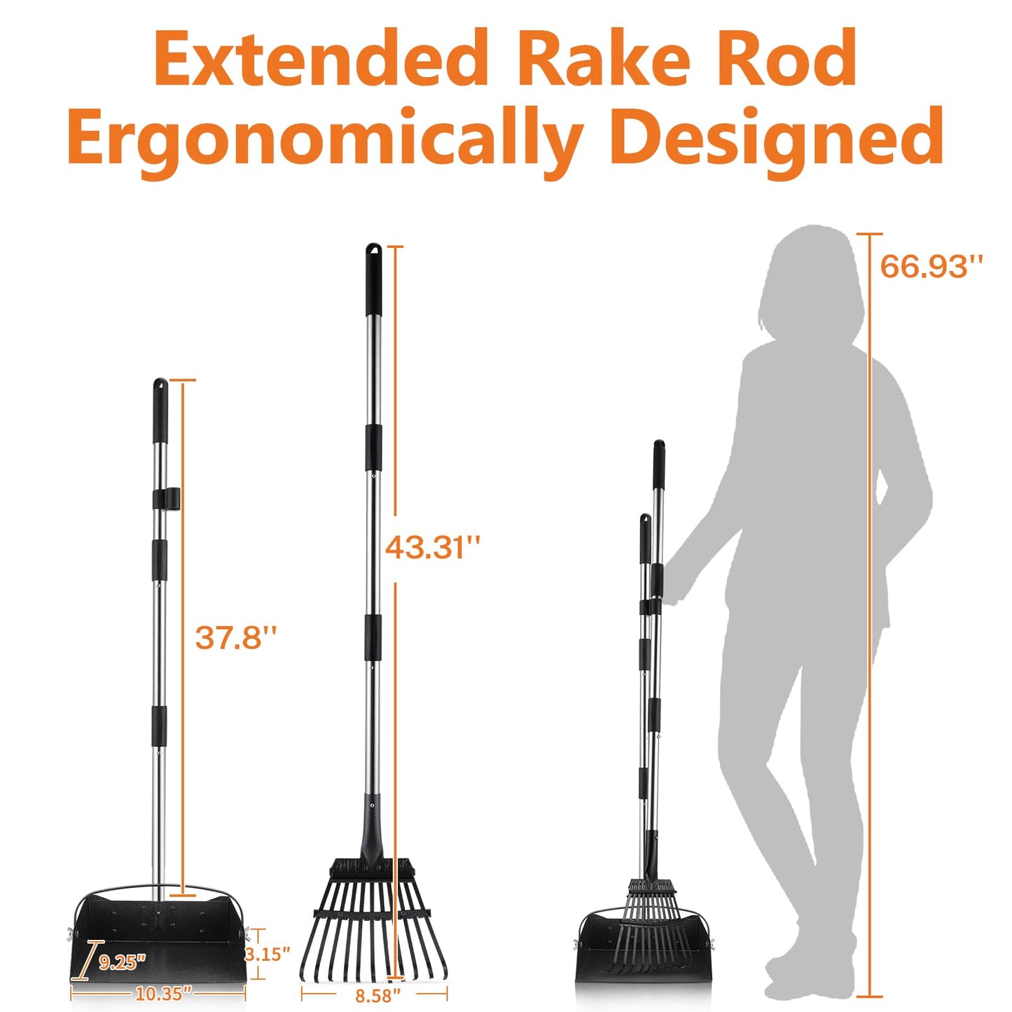 Toozey Unbreakable Dog Pooper Scooper with Extra Large Stainless Metal Poop Tray & 43.31" Long Handle Rake Scoop, Easy Waste Cleanup for Large, Medium, Small Dogs with 20 Bags