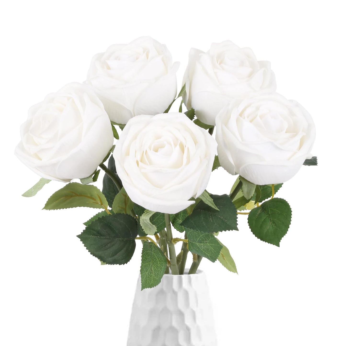 Uznaeoi 5PCS White Roses Artificial Flowers 17.3’’Real Touch Flowers Fake Rose Bouquet with Stems for Wedding Home Party Centerpieces Decoration(White)