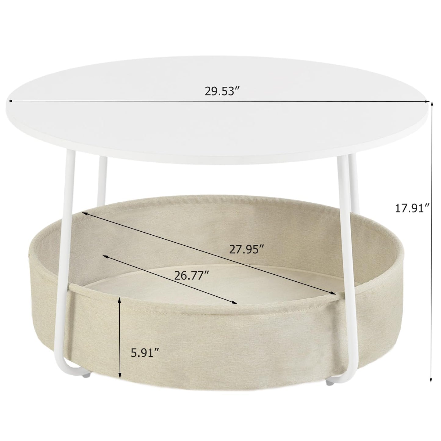 FurnitureR Coffee Table with Storage, 29.53 Inch Round Center Table 2-Tier with Fabric Basket, Sturdy Metal Frame, Modern Living Room Accent Table, White/Camel
