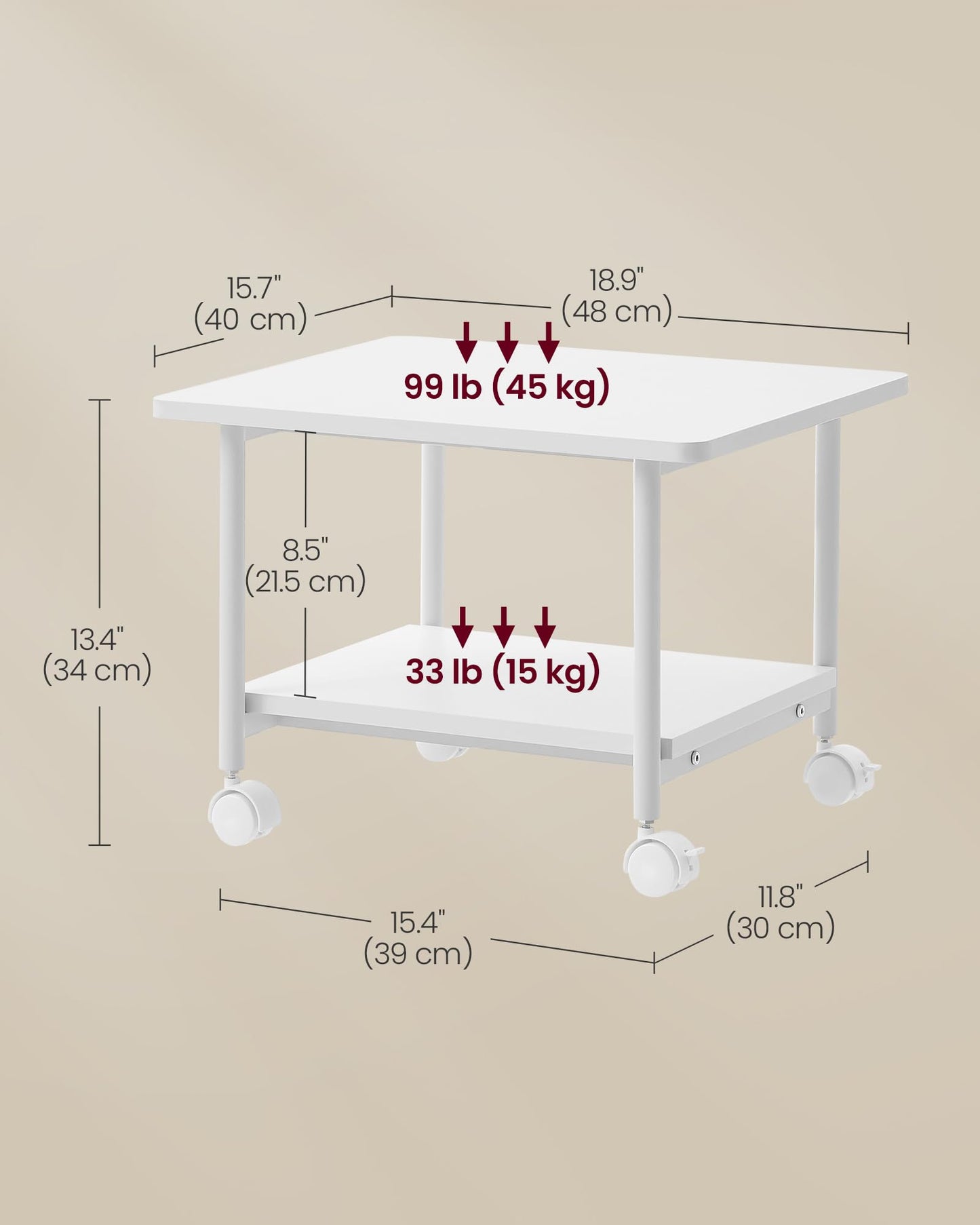 VASAGLE Printer Stand with Locking Wheels, 2-Tier Shelf, Industrial Under Desk Heavy-Duty Mobile Cart for Home Office, White UOPS002W01