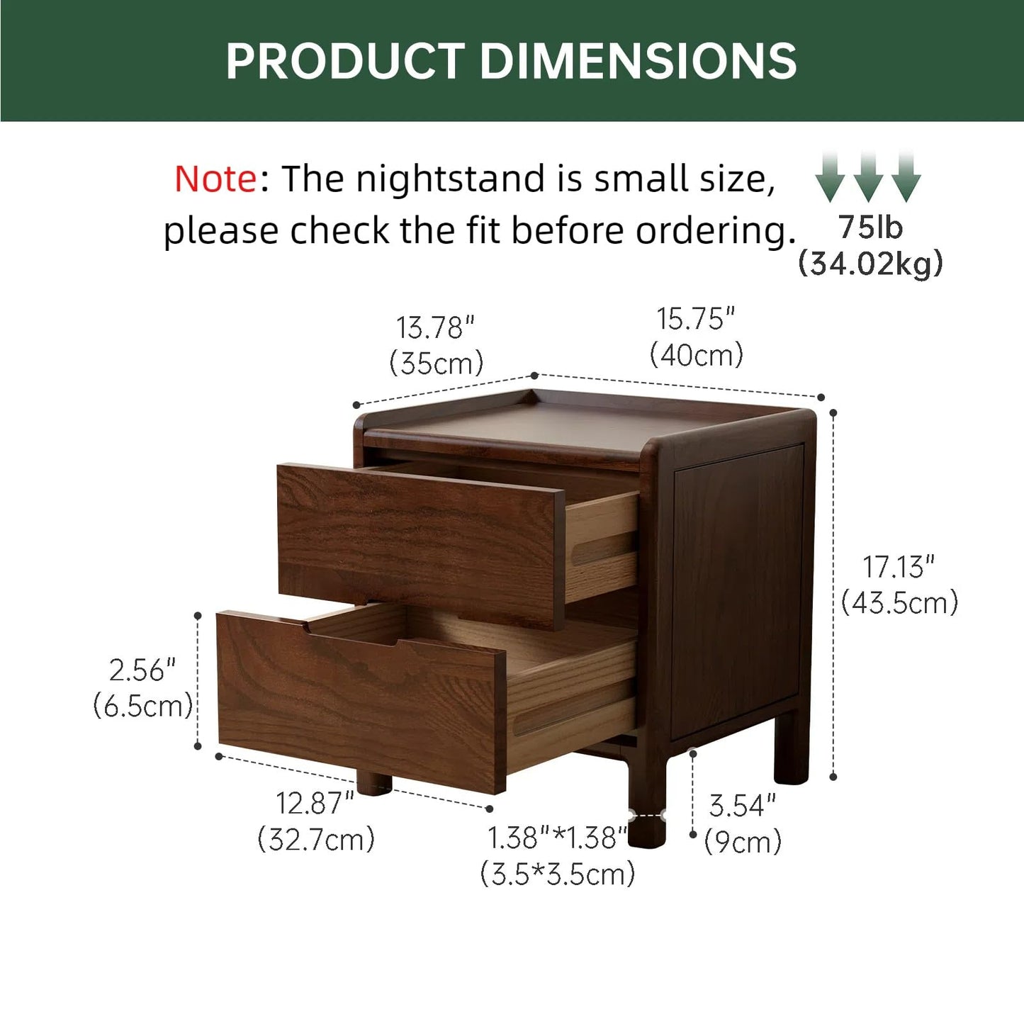 Wayshome Solid Wood Oak Nightstand, Mid Century Modern Night Stand with 2 Drawer, Small Nightstand for Small Spaces, Wood Side End Tables Living Room, Bedroom(Walnut, 17.13" H)