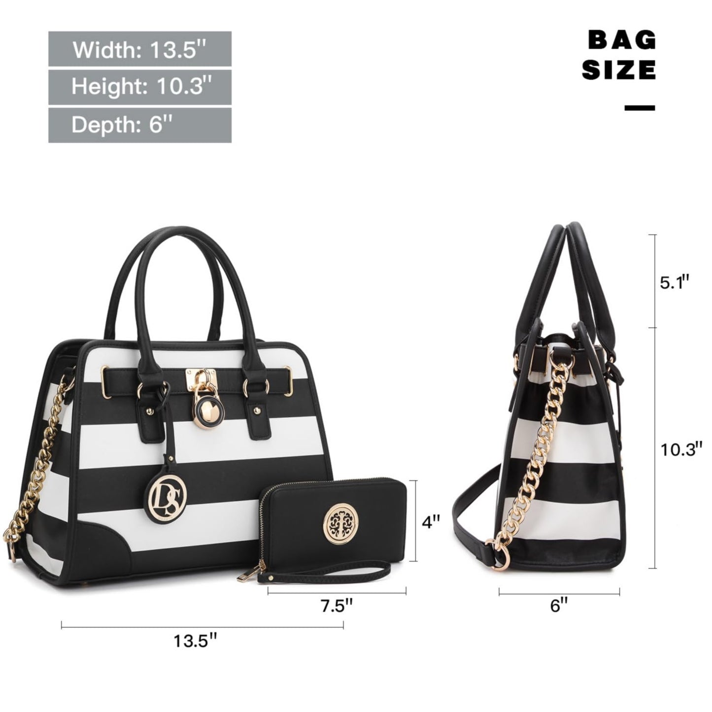 Dasein Women Handbags Top Handle Satchel Purse Shoulder Bag Hobo Bag Work Bag Set 2pcs (Black/White)