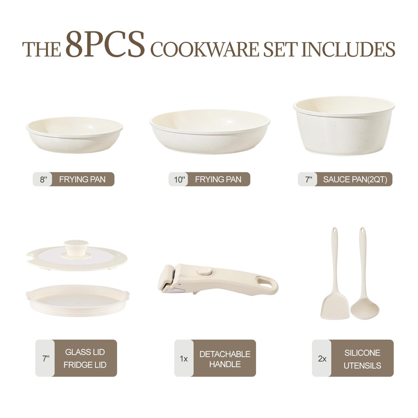 Ceramic Cookware Set Non Stick 8Pcs Pots and Pans Set Detachable Handle Induction Kitchen Cooking Set with Frying Pans Oven Dishwasher Safe, PFAS/PFOA Free, Cream White