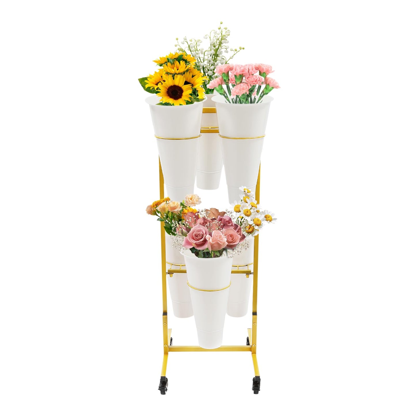Nozue Flower Display Stand, 2Layers Metal Plant Stand with Wheels, with 6pcs Buckets, Portable Plant Moving Cart Frame for Indoor, Florist, Living Room (Gold - White Round Bucket)