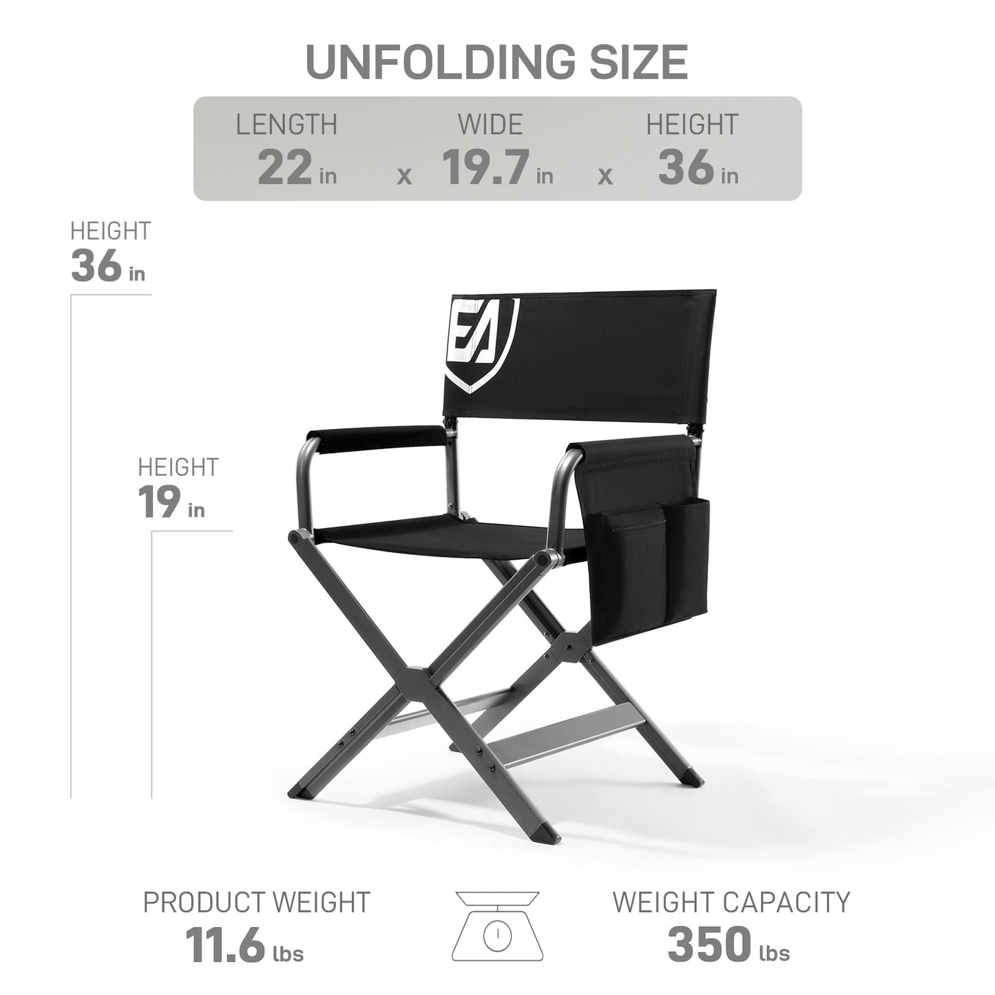 EVER ADVANCED Aluminum Lightweight Directors Chair Foldable, Folding Studio Movie Chairs Camping Event Vendor Chair, 19" Seat Height Black Fabric/Grey Frame, Support 350lbs
