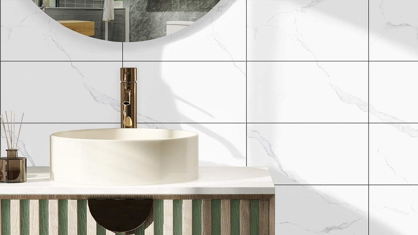 10-Pack Peel and Stick White Marble Wall Panels (11.8" x 23.6") – 19.4 Sq. Ft. Waterproof PVC Tiles for Kitchen, Bathroom, Living Room & Accent Walls – Heat-Resistant Self-Adhesive Backsplash Tiles