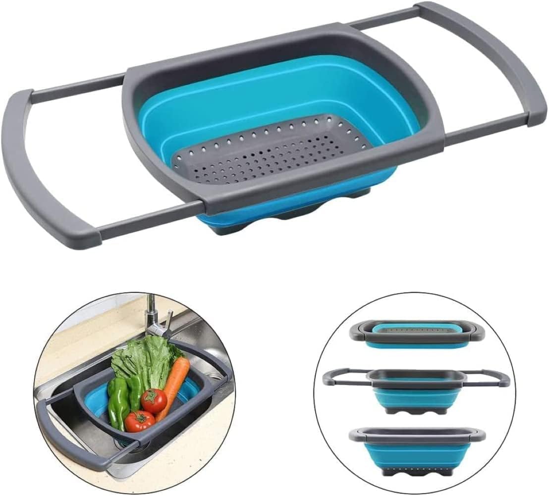 Collapsible Colander Strainer with Extendable Handles - Over the Sink Vegetable/Fruit Colanders Strainers for Kitchen, Capacity of 6 quart (Blue)