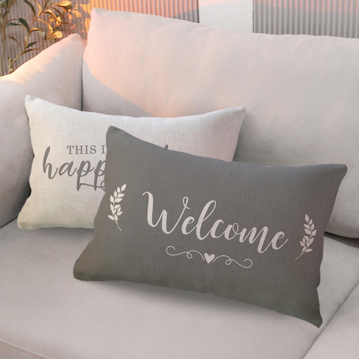 ULOVE LOVE YOURSELF 2Pack Welcome to Our Happy Place Decorative Pillowcases Home Quotes Lumber Cushion Covers 12 x 20 Inch Rustic Family Words Farmhouse Decor for Sofa/Couch/Porch (Grey)