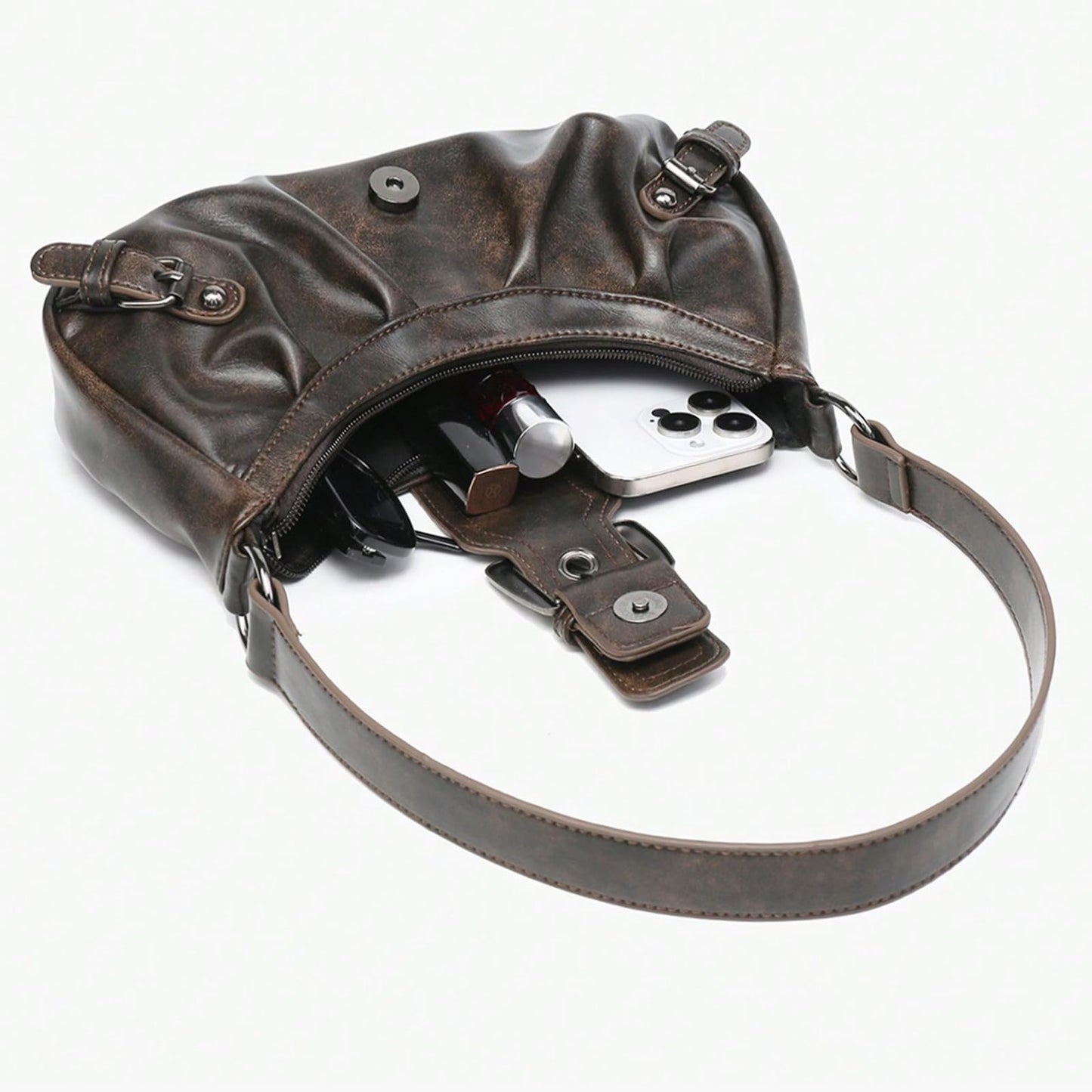 Shoulder Bag for Women Top Handle Handbag Purse Y2K Hobo Clutch Small Punk Purse Trendy, Coffee