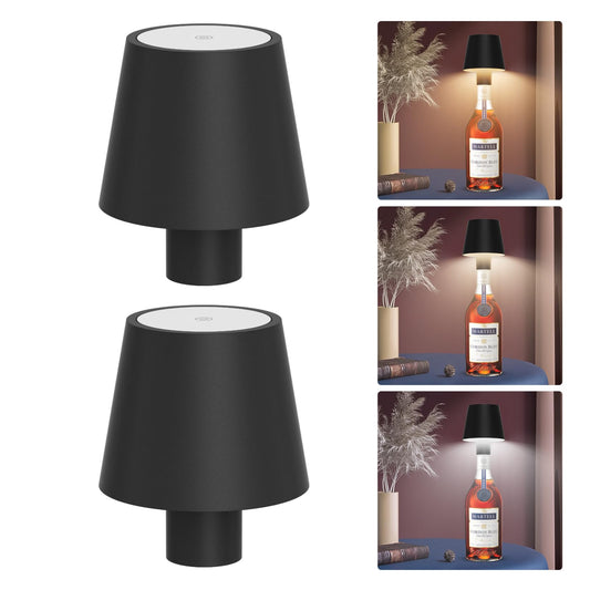 Howskys 2 Pack LED Rechargeable Table Lamp Dimmable Bottle Lamp 3 Color Temperature， IP54 Wireless Touch Table Lamp for Indoor and Outdoor, 5500 mAh Portable Metal for Family, Restaurant & Bar(Black)