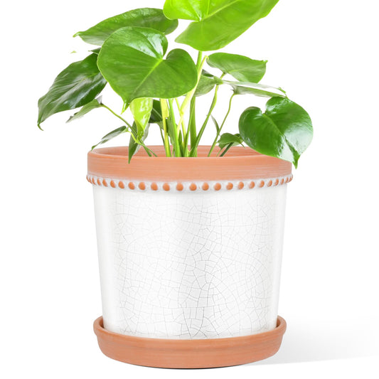 KERUITA 8 Inch Ceramic Plant Pot with Drainage and Saucer – Crackle Glaze White, Large House Plant Pot, Planters for Indoor Plants, Pots for Indoor Plants, Decorative Ceramic Pot for Home & Office