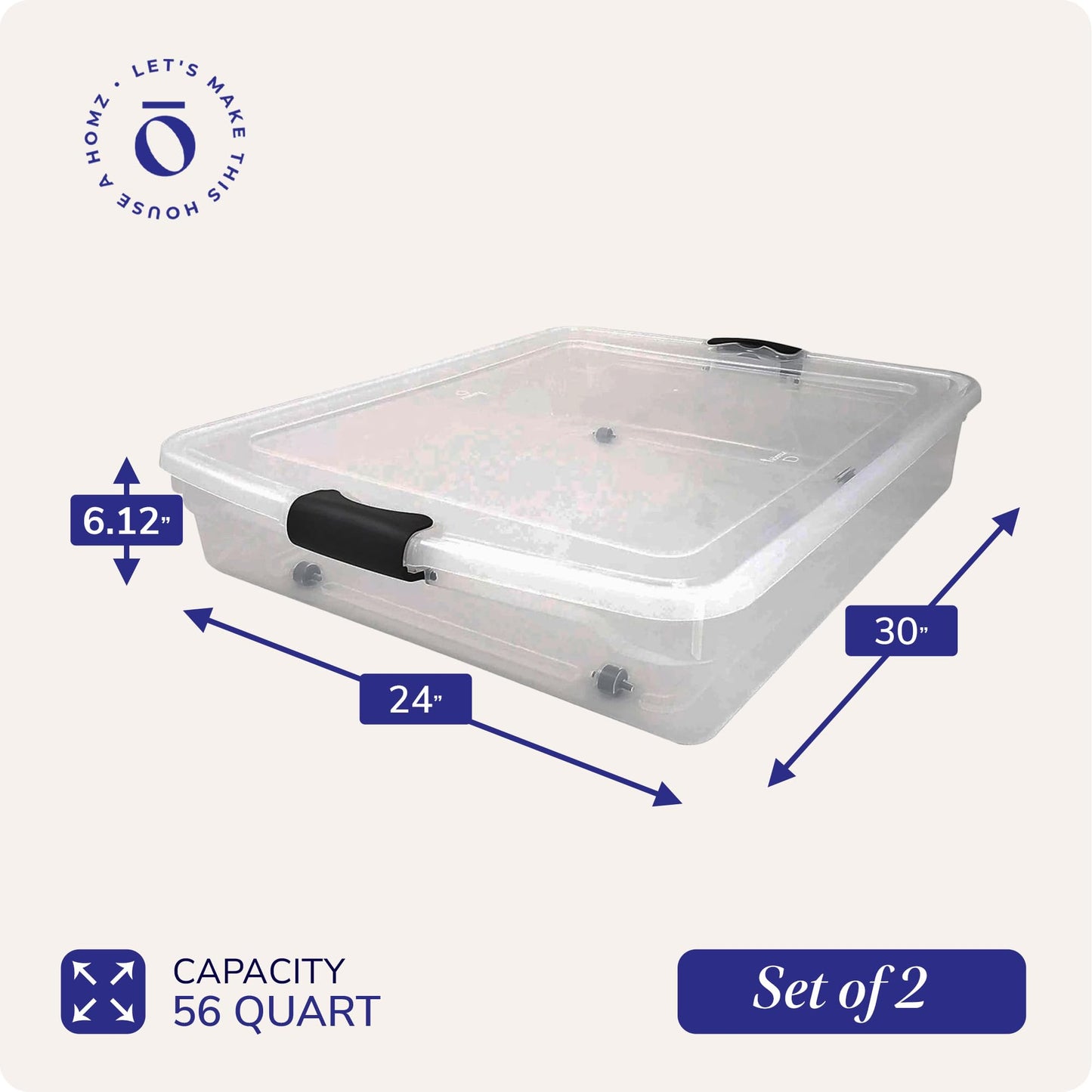 HOMZ 2-Pack Under Bed Storage, Clear Plastic Containers with Lids, 56 Quart, Gray Latch - Stackable Underbed Organizer Bins for Shoes, Bags, Clothes, and Towels