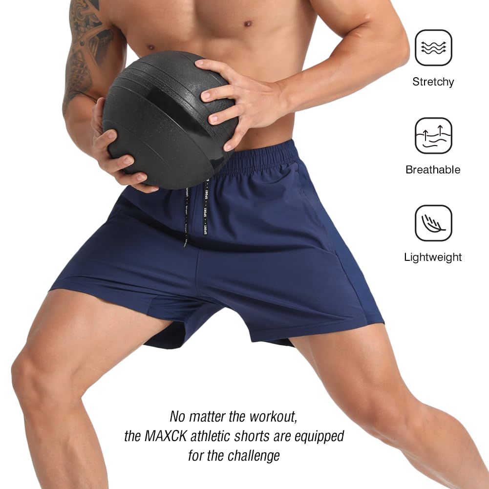 MAXCK 2 Pack Mens Lightweight Athletic Running Shorts 5'' Quick Dry Gym Workout Shorts with Zipper Pockets Black/Navy,Large