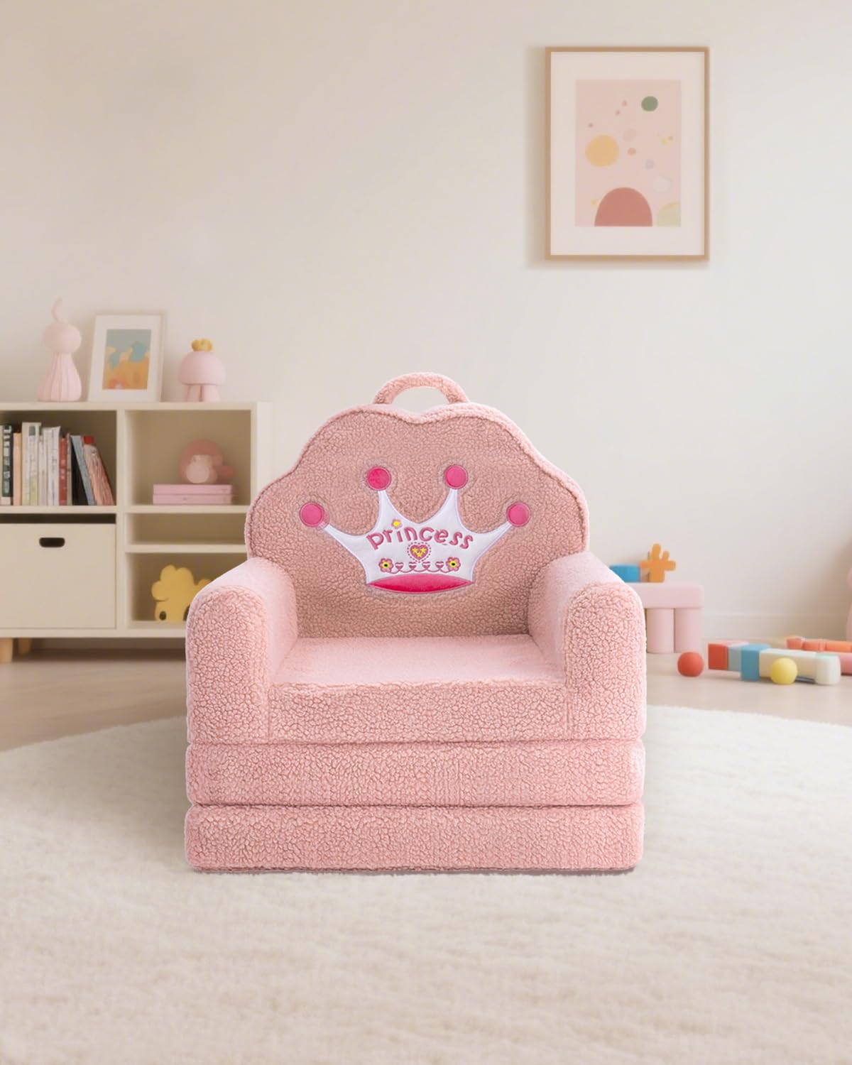 MOONBEEKI Kids Couch, 2-in-1 Convertible Soft Sherpa Fabric, Toddler Chairs Comfy 1-5 Years Old, Cartoon Animal & Crown Design, Toddler Furniture for Bedroom and Playroom, Pink Crown, Medium