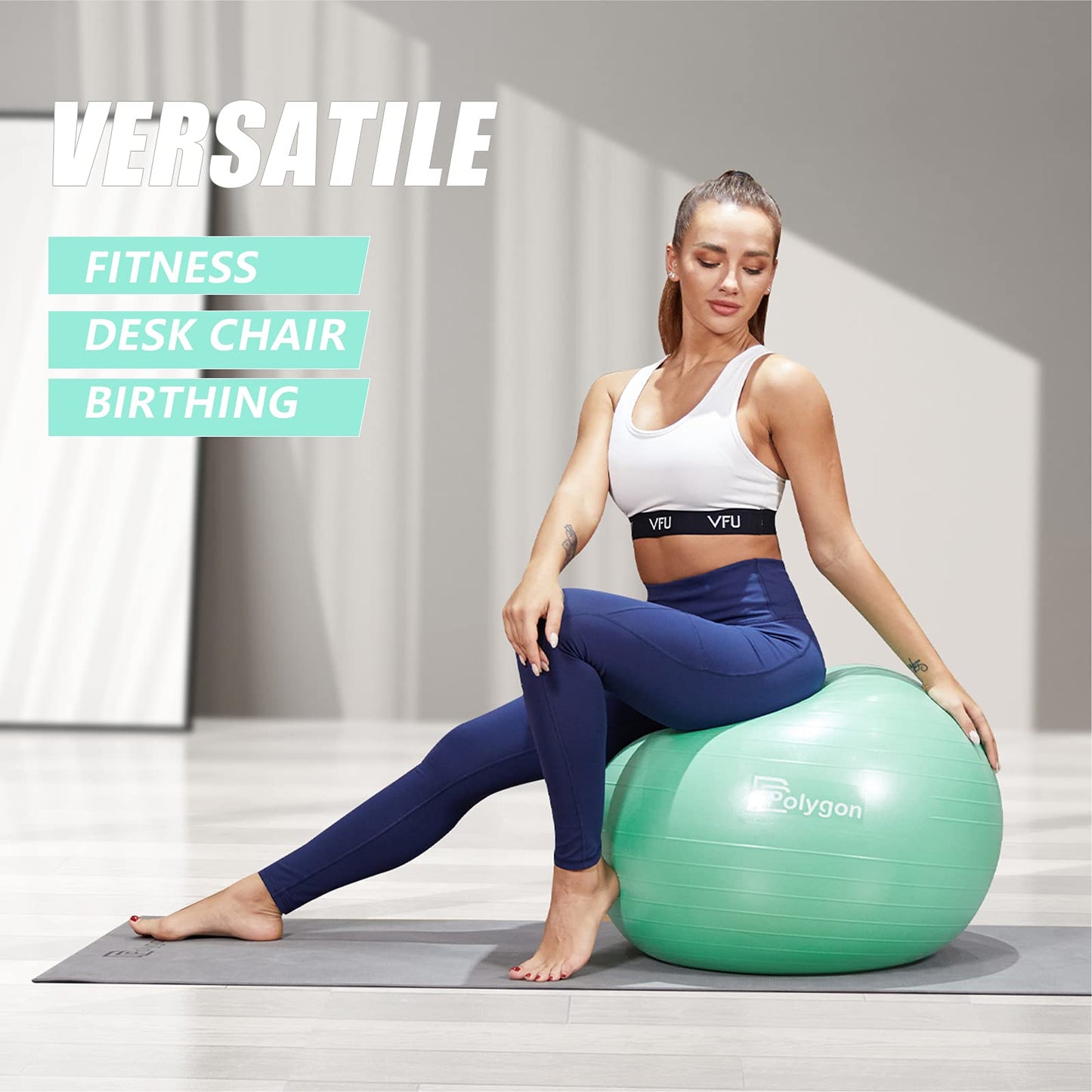 Polygon Exercise Ball - Professional Grade Anti-Burst Fitness Yoga Ball for Pilates, Pregnancy, Balance, Stability - Ideal for Home, Office, and Gym Workouts(Mint-65CM)