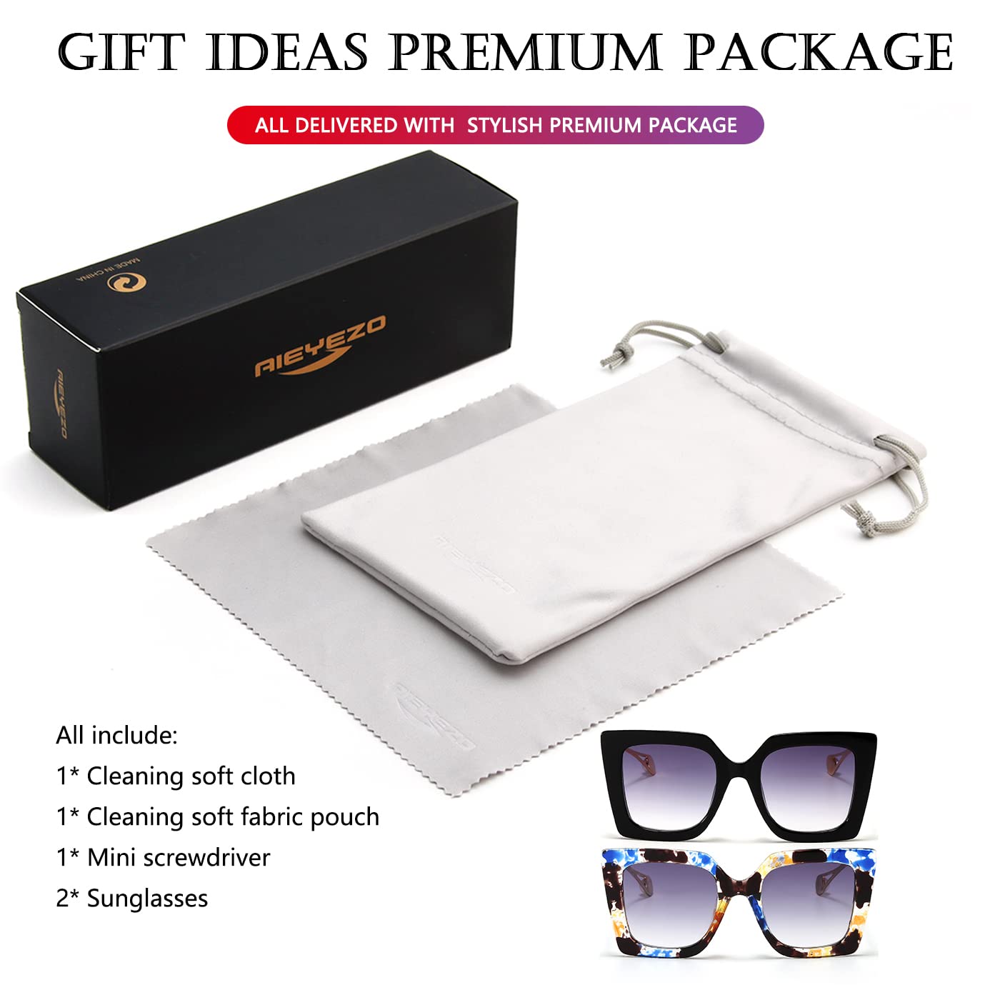 AIEYEZO Fashion Sunglasses for Women Trendy Square Frame Sunglasses UV400 Protection Shades (Black + Flower)