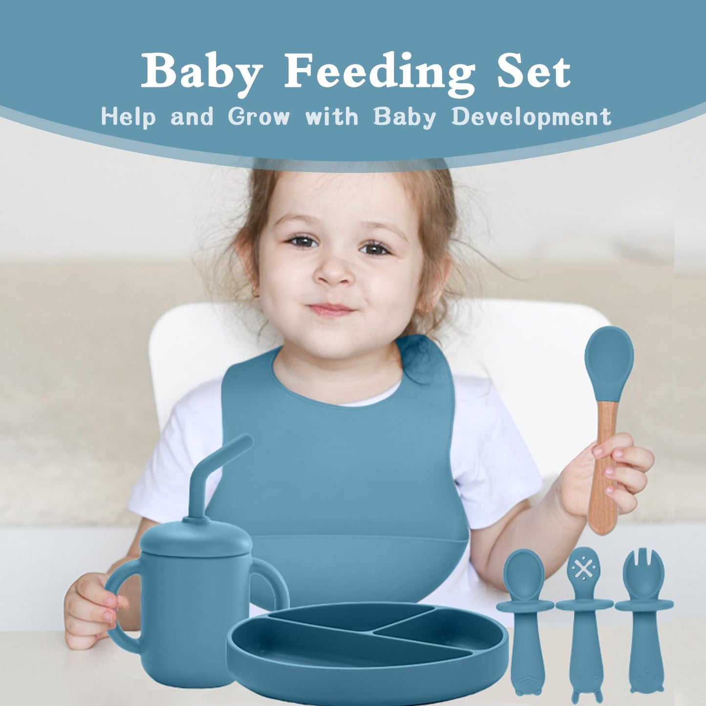 Silicone Feeding Set, 13PCS Baby Feeding Essentials with Suction Bowl & Plate, Spoons & Forks, Bib & Cup, Toothbrush, Baby Led Weaning Supplies for 6+ Months, Eating Essentials (Blue)