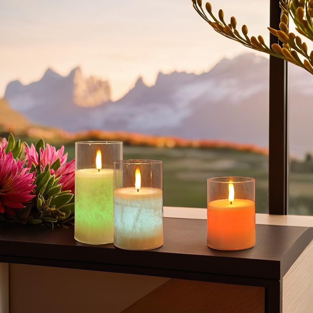 NICEME 12 Multi Colored Flickering LED Flameless Candles with Remote Control Timer Color Changing Candles Real Wax Battery Operated Candles with Flickering Flame Crystal Texture Design, D3”xH4 5 6”