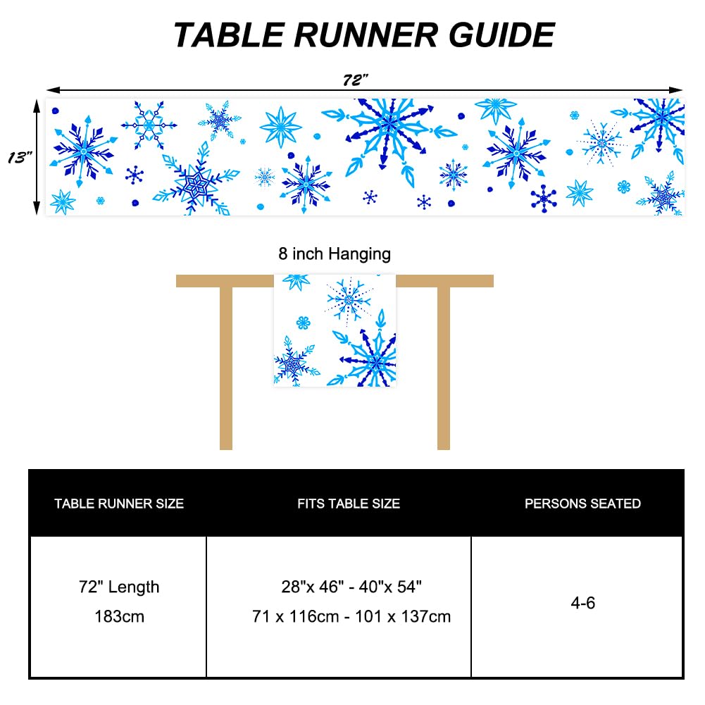 Labeol Snowflake Table Runner, 72x13 Inch White and Blue Christmas Table Runner for Christmas Party Kitchen Dinner Decor (Blue)