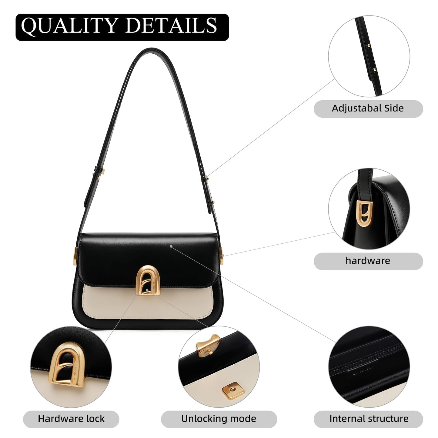 LA'FESTIN Genuine Leather Shoulder Purse for Women, Designer Handbag with Adjustable Strap, Going Out Crossbody Bag (White)