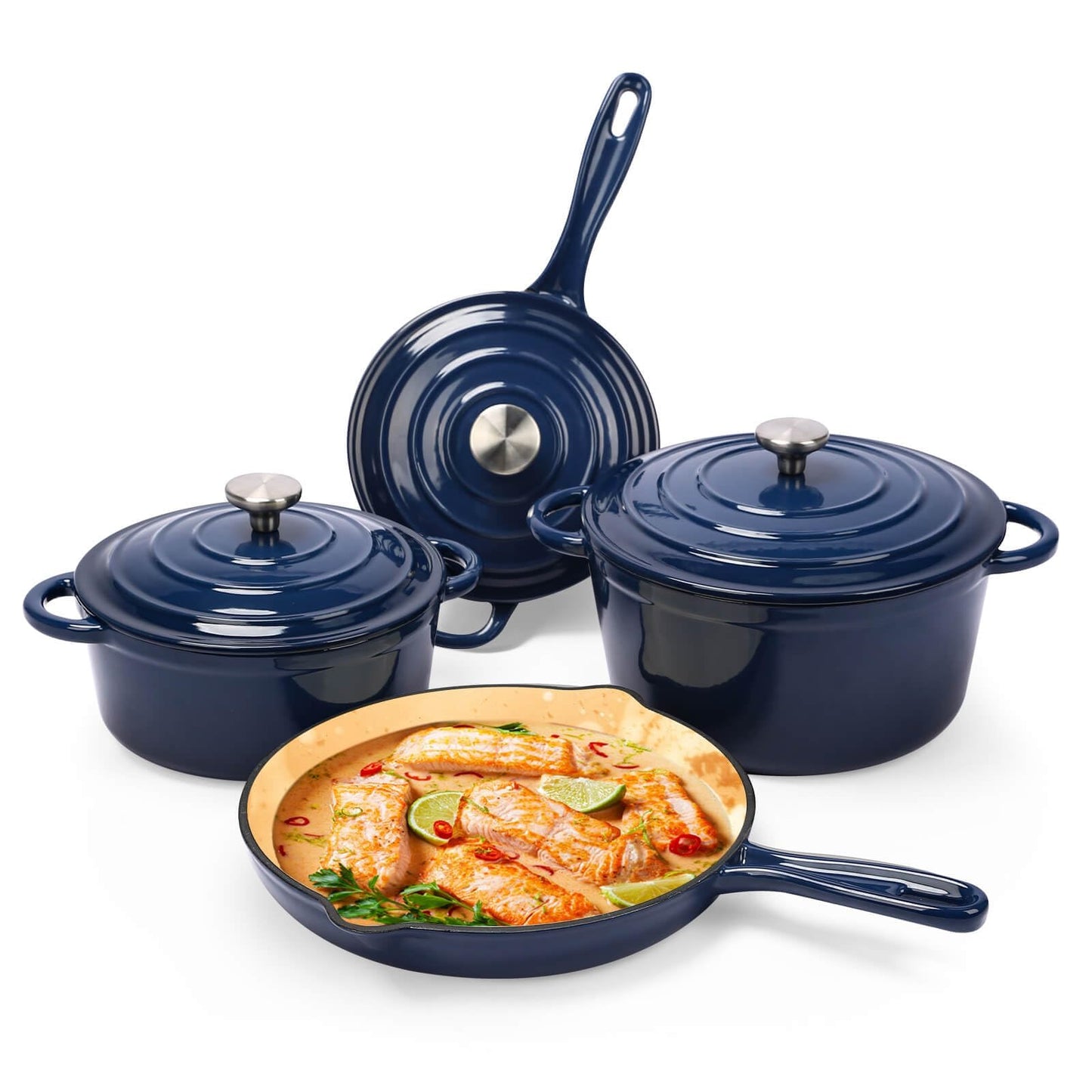 Hisencn 7 Piece Enameled Cast Iron Cookware Set, Pots And Pans Set, Ceramic Cookware Set, 2.25QT/4.75QT Cast Iron Dutch Oven, 10.25” Skillets, 2QT Pot, Suitable For All Stoves, PFA Free, Navy