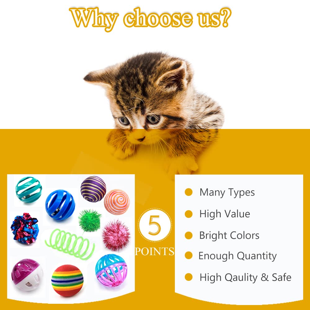 LASOCUHOO Cat Toys Kitten Assortment - Rainbow, Crinkle, Sparkle, Bell & Sisal Balls for All Cats - 30 Packs