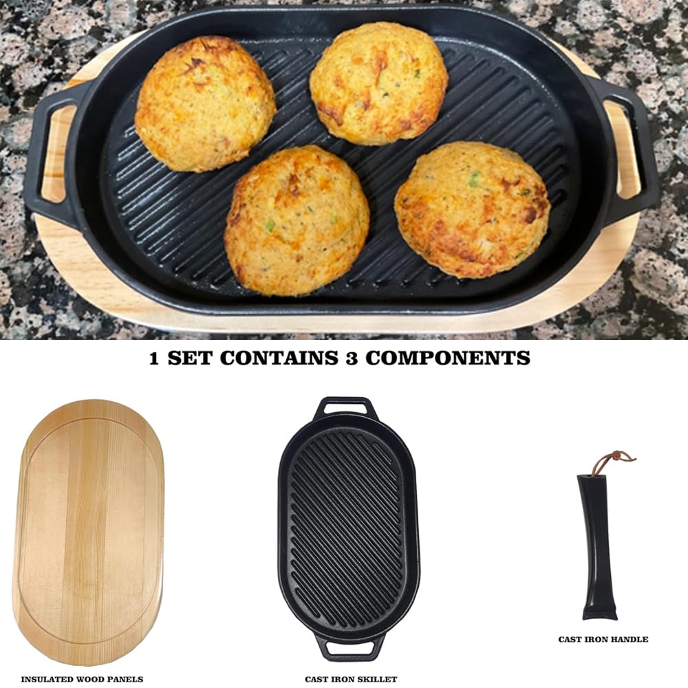 JIN BETTER GRILL PARTS New Skillet with Insulated Wooden Cushion and Removable Handle Compatible with Gas Cooktops and Grills