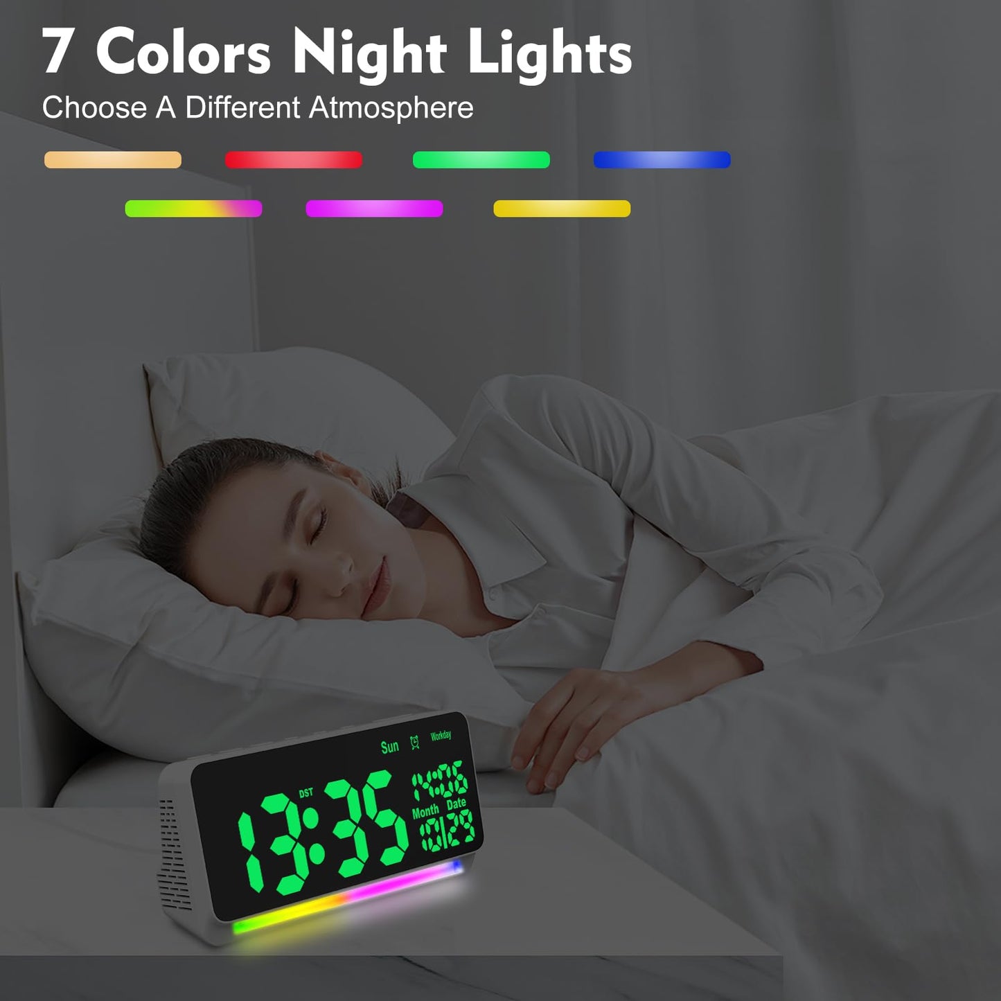 PERSUPER 120db Super Loud Alarm Clock for Heavy Sleepers, Bluetooth Connection, 15 Wake Up Sounds, 7 Color Night Light, Dynamic RGB Color Changing, 0-100% Dimmer, Snooze, Digital Clock for Bedroom