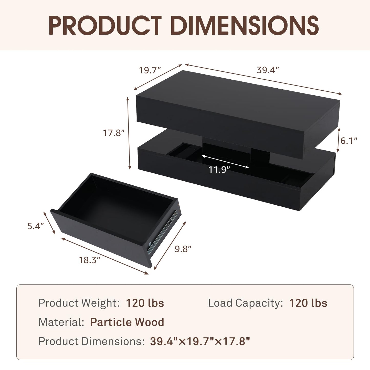 OC Orange-Casual LED Coffee Table with Storage, High Glossy Center Table with 2 Sliding Drawers, Modern Stylish Rectangle Coffee Table Double Layer with Open Display Shelf for Living Room (Black)