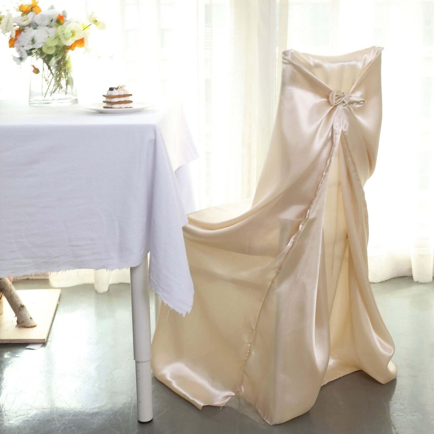 Efavormart Beige Chair Covers for Party 1 PCS Satin Self Tie Universal Banquet Wedding Folding Chair Cover for Dining Chairs Washable Slipcovers for Outdoors Events