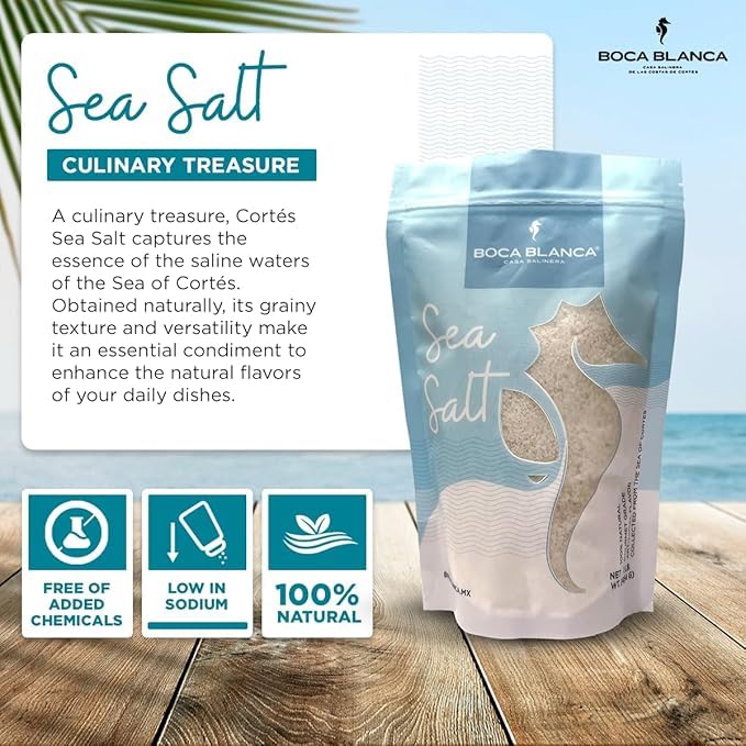 Boca Blanca – Premium Mineral Sea Salt, 100% Natural Sea of Cortés Salt, Sal de Mexico del Mar de Cortez, Pure Sea Salt Ideal for Culinary Purposes - Sal de Mar en Grano Natural - Chemical Free,16 Oz Resealable Pouch