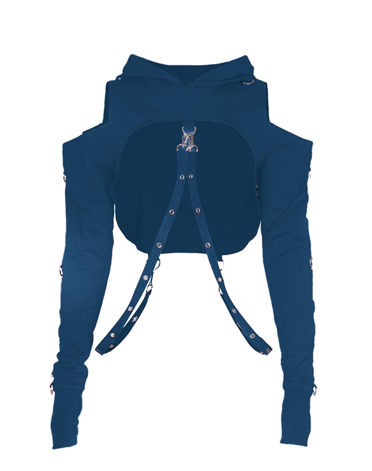 AULKEEP Gothic Punk Long Sleeve Cold Shoulder Hooded Crop Tops Buckle Strap Hoodie Sweatshirt