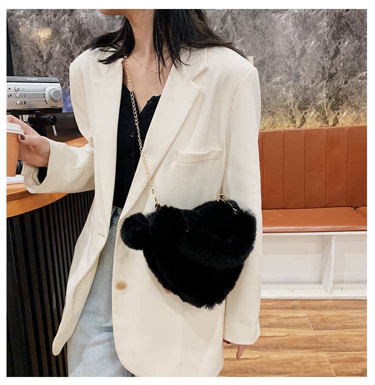 Rejolly Heart Shaped Purse for Women Fluffy Furry Bag for Girls Faux Fur Fuzzy Handbag Soft Small Valentine's Day Shoulder Bag with Chain Strap Black
