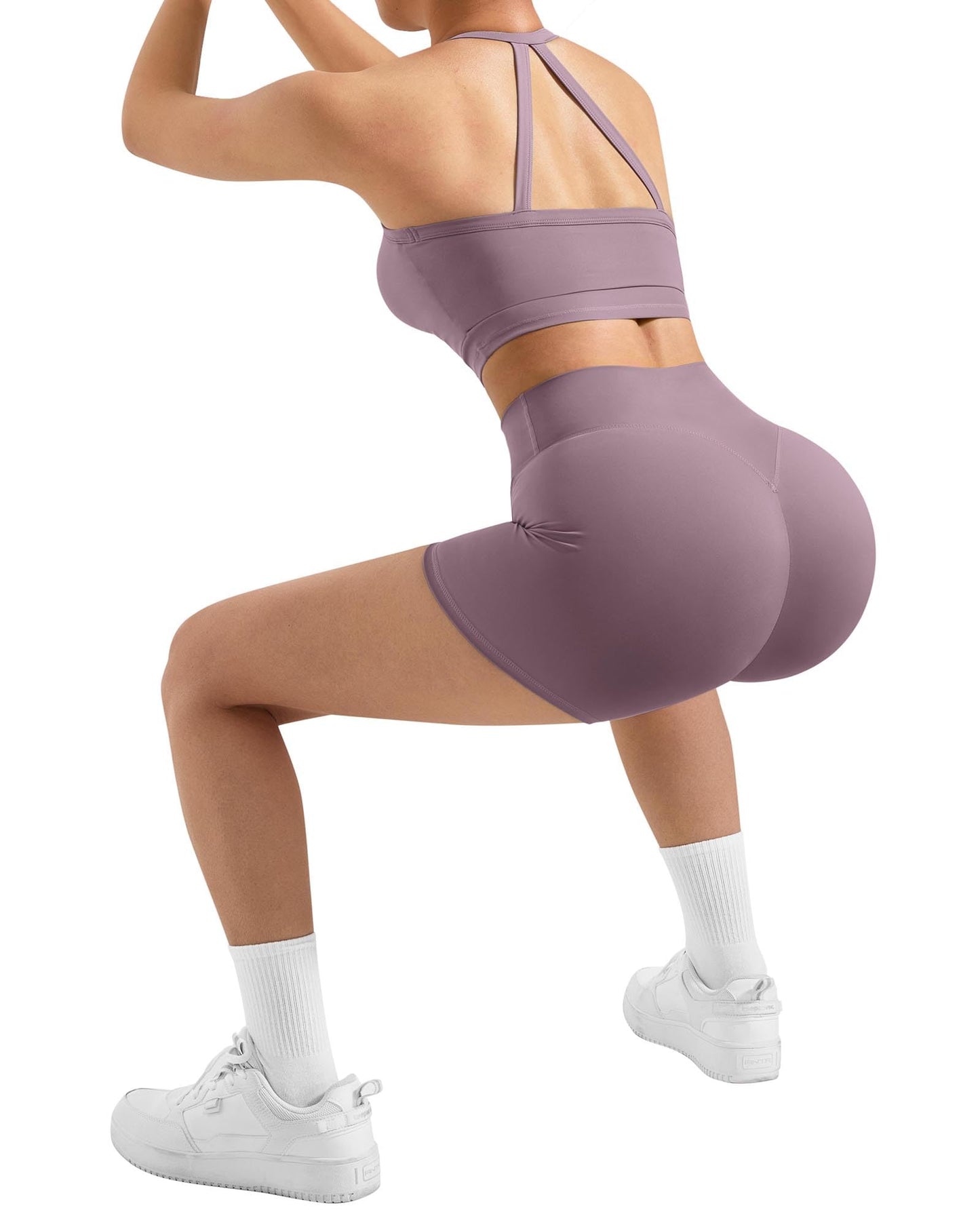 SUUKSESS Women 2 Piece Workout Sets High Waisted Tummy Control Biker Shorts Halter Padded Tank Tops Racerback Sports Bras (Hemp Pink, M)