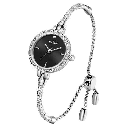 Petite Bracelet Watch for Women, Gifts for Girlfriend Diamond Dress Analog Watch Waterproof Silver Bracelet (Round - Silver Black)