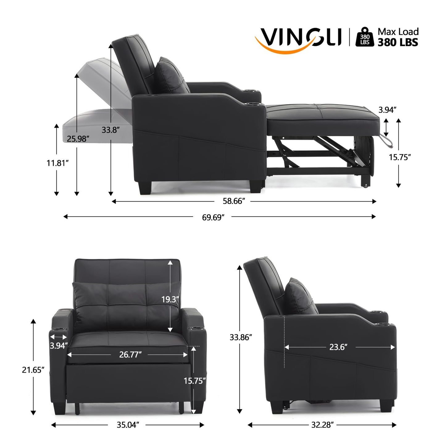 VINGLI Sleeper Chair 3-in-1 Convertible Sofa Bed Adjustable Recliner Sofa Modern Pull Out Couch Bed with 2 USB Ports 2 Cup Holders 2 Side Pockets for Living Room Bedroom Small Spaces, Black