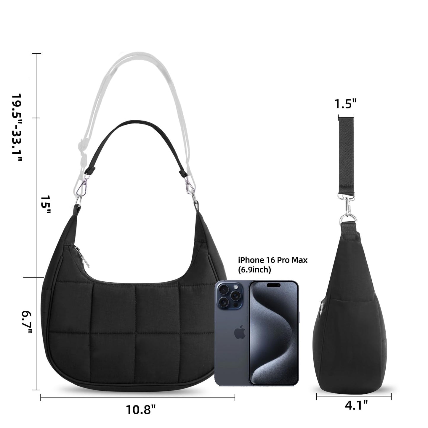 Puffy Crossbody Bags for Women, Small Puffer Crescent Shoulder Bag, Nylon Quilted Purse for Women with 2 Straps (Black)