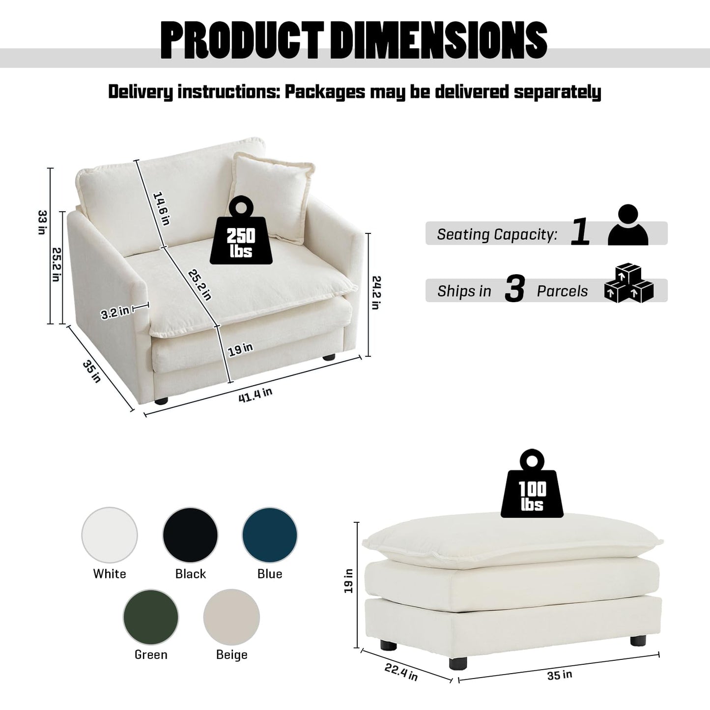 Nicbex Oversized Chaise Lounge Chair Indoor, Chenille Upholstery Cloud Sectional Sofa, Minimalist Modular Sleeper Couch Bed Including Single Club Armchair & Ottoman for Liviing Room Apartment Office